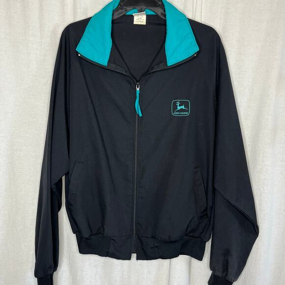 VINTAGE Swingster John Deere Black Turquoise Accent Men Windbreaker Jacket Large - Picture 1 of 10